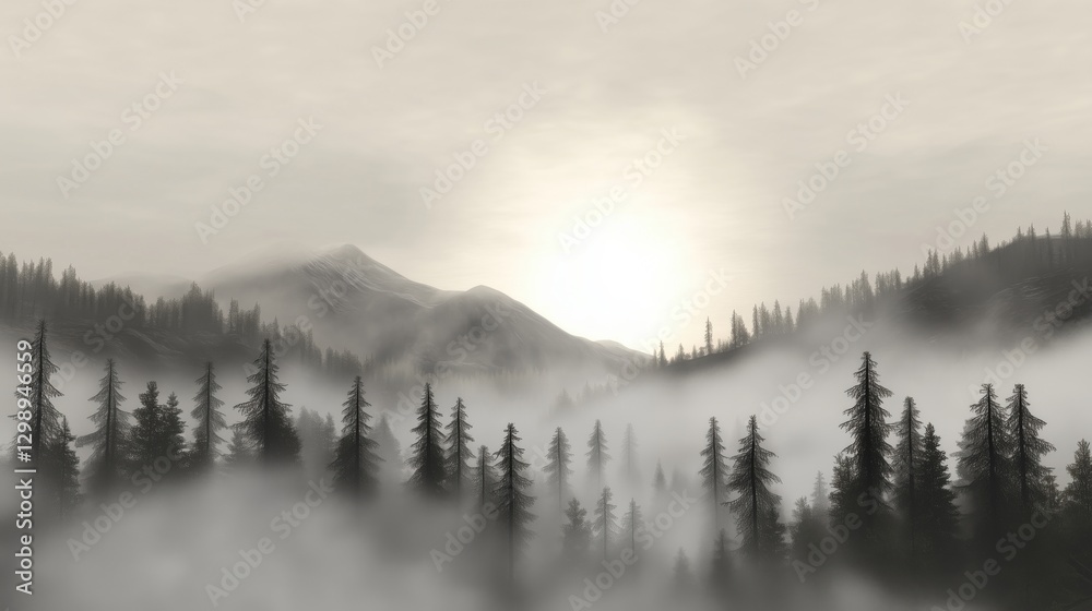 A serene view of a misty forest with tall trees and mountains in the background during sunrise. A serene view of a misty forest with tall trees and mountains in the background during sunrise.