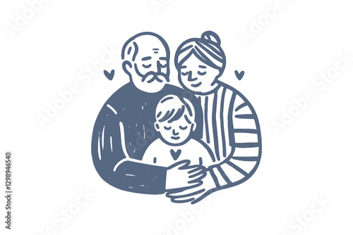 Grandparents hugging grandson, minimalistic hand-drawn line art