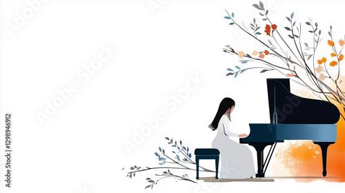 A girl playing piano in a cozy homeroom with books and flowers photo