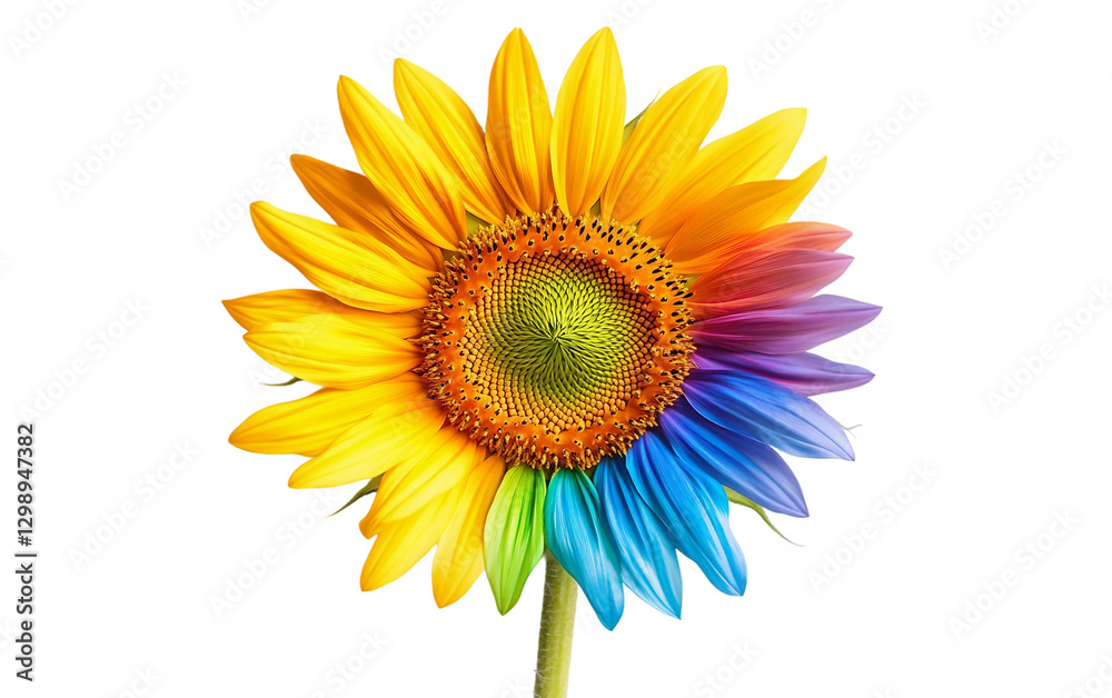 Naklejka premium A Unique Multicolored Sunflower Symbolizing Unity, Growth, and Positivity Isolated on transparent background.