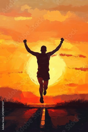 Wallpaper Mural silhouette of triumphant male runner in sportswear celebrating victory with raised hands on sunset, illustration. sports inspiration, fitness motivation and athletic achievement Torontodigital.ca