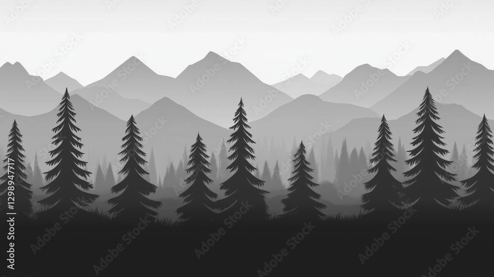 Fototapeta premium A serene black and white silhouette of mountains and pine trees.