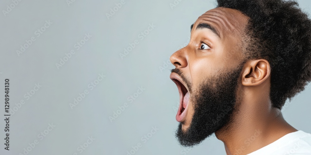 Fototapeta premium African American man with mouth open in surprise, white background, side view. 