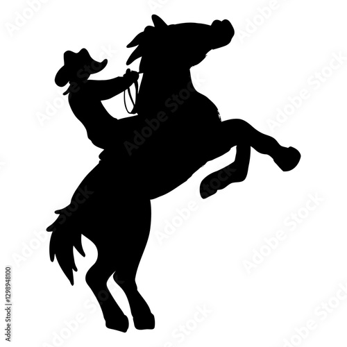 Cowboy on Rearing Horse Silhouette: a bold black silhouette of a cowboy confidently riding a rearing horse. The image captures the essence of the Wild West, evoking themes of adventure, skill.