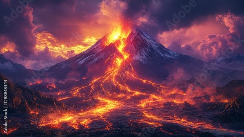Erupting volcano at sunset, fiery lava flows down mountainside, dramatic cloudscape.