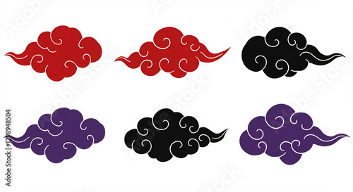 Six Stylized Clouds in Red, Black, and Purple Abstract Asian Design Elements