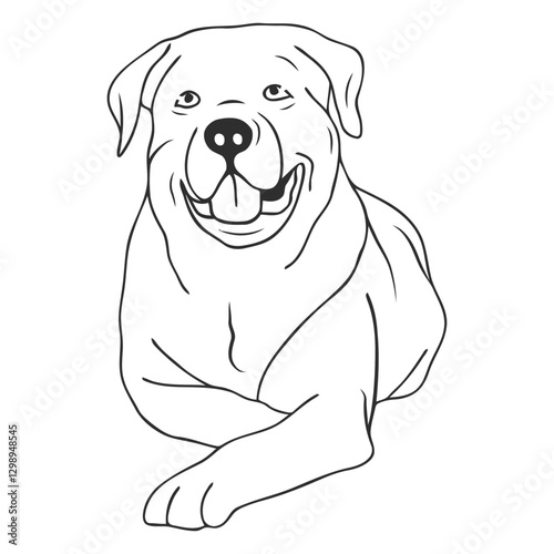 Joyful Rottweiler: An illustration capturing a Rottweiler lying down, its expression filled with happiness, mouth open in a smile, and embodying the breed's friendly nature.