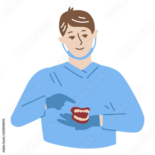 Dental Professional and Dentures: A dental professional, adorned in clinic attire, delicately holds and points to a set of dentures.