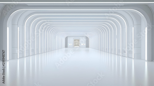 White Futuristic Corridor Interior With Abstract Geometric Pattern And Bright Ceiling Lights