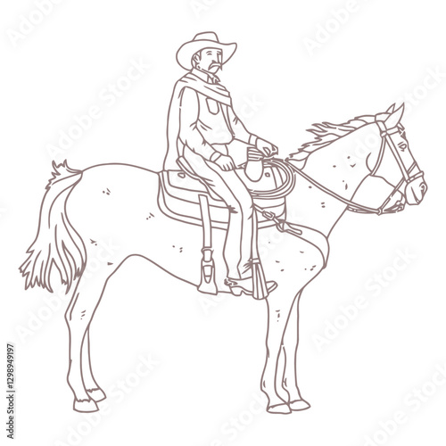 Cowboy on Horseback: An illustrated depiction of a cowboy, complete with hat and attire, confidently riding a horse. capturing the essence of the Wild West