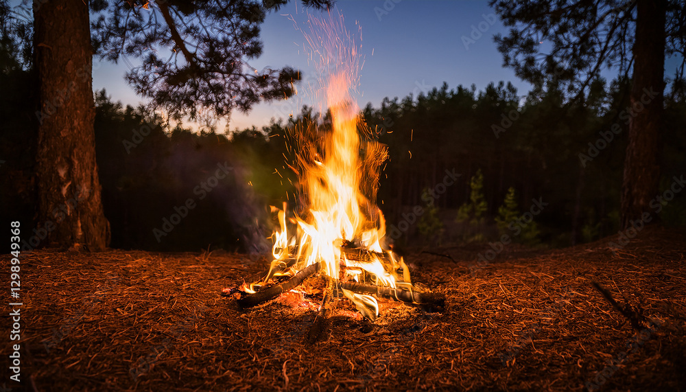 Bonfire burning brightly at night outdoors in forest. Camping, adventure and nature concept. Bonfire burning brightly at night outdoors in forest. Camping, adventure and nature concept.