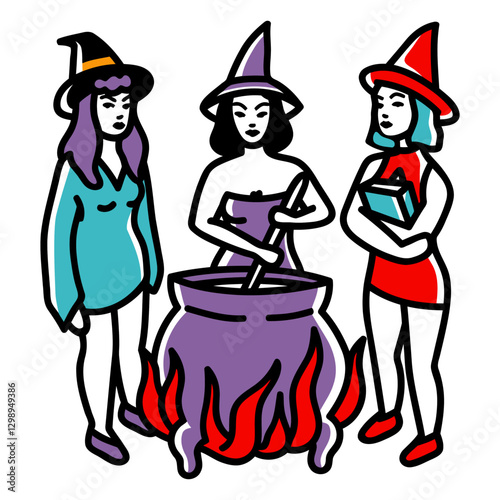 Enchanting Trio: Three witches are gathered around a bubbling cauldron amidst an illustrated mystical scene.