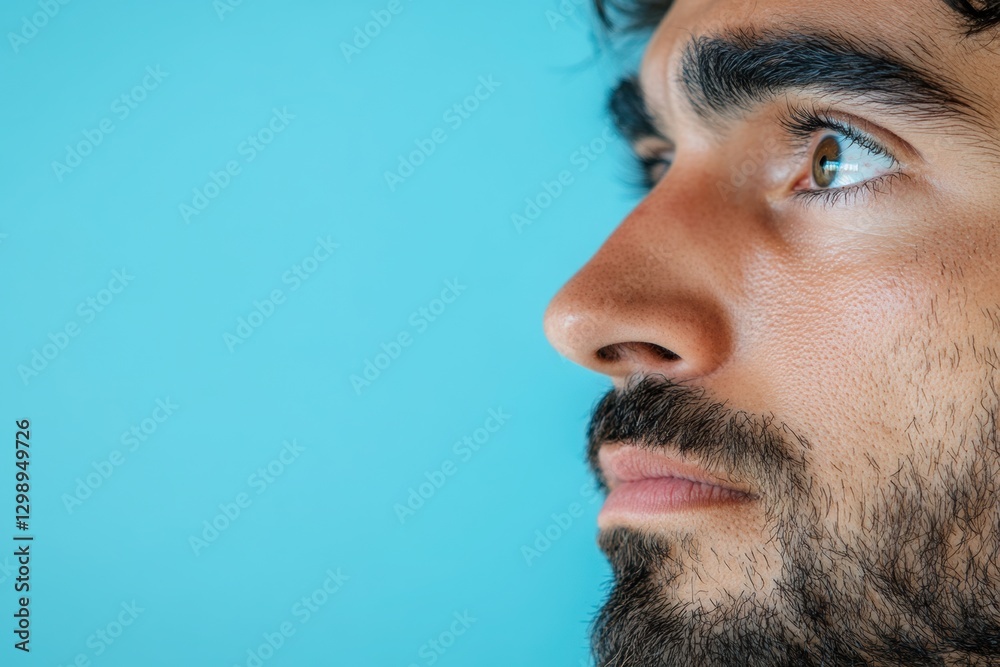 Fototapeta premium An Arab man looks sadly into the distance, space for text on the right. 