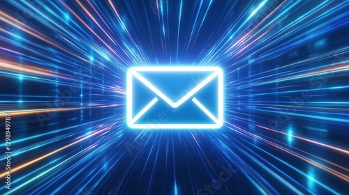 A glowing email symbol surrounded by vibrant light streaks in a digital space.