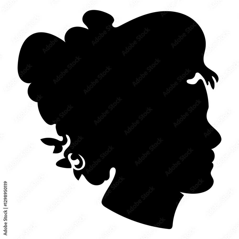Silhouette Portrait: A striking silhouette of a woman's profile, showcasing her elegant hairstyle, earrings, and facial features. Silhouette Portrait: A striking silhouette of a woman's profile, showcasing her elegant hairstyle, earrings, and facial features.
