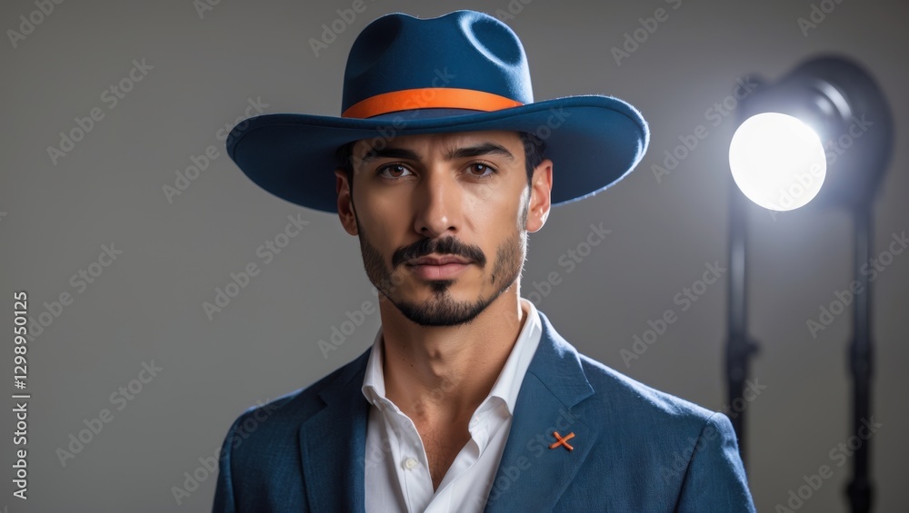 Portrait of a stylish man wearing a blue hat and suit against a neutral background with studio lighting Portrait of a stylish man wearing a blue hat and suit against a neutral background with studio lighting