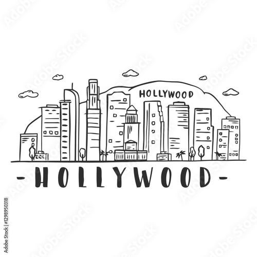 Hollywood Skyline Sketch: A hand-drawn illustration of the iconic Hollywood skyline, with notable buildings and landmarks presented in a simplified, yet charming, line art style.