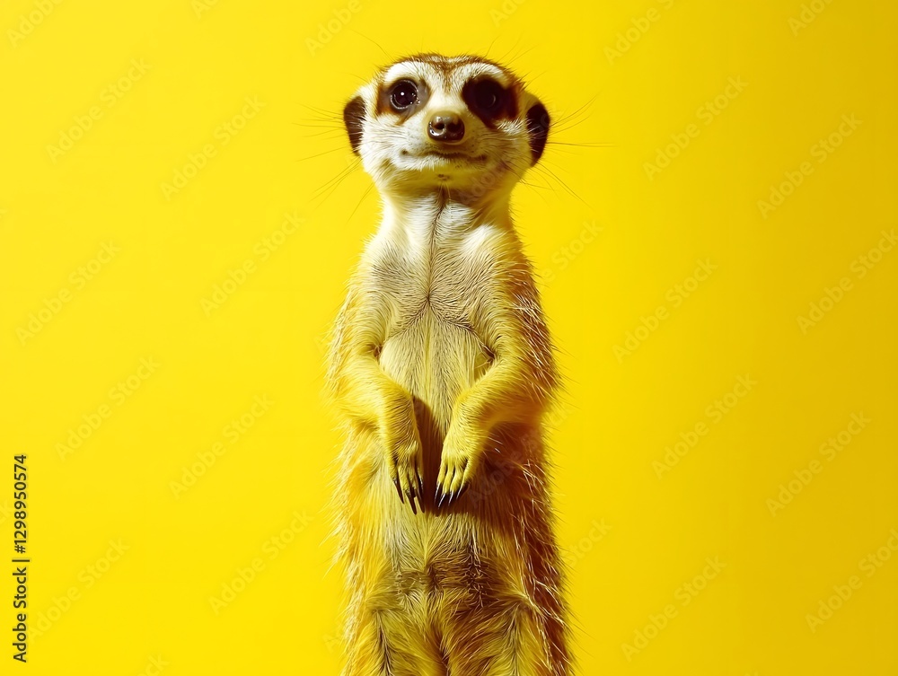 Fototapeta premium Meerkat Standing Alert on Bright Yellow Background