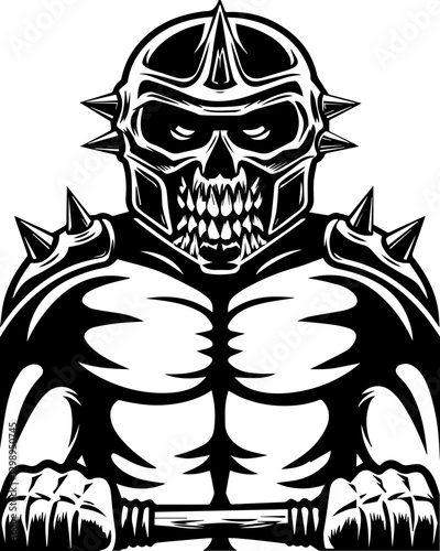 Dark fantasy SVG vector features demons mythical creatures cursed warriors. Monochrome Illustration of Fierce Skull Warrior with Spiked Helmet