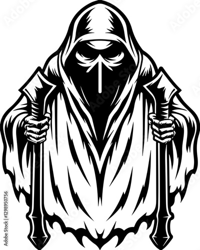 Dark fantasy SVG vector features demons mythical creatures cursed warriors. Mysterious Grim Reaper Character with Spear in Dark Hooded Robe