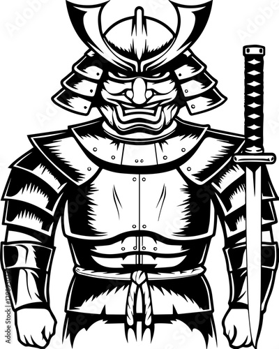 Dark fantasy SVG vector features demons mythical creatures cursed warriors. Vintage Samurai Warrior Illustration with Sword in Black and White