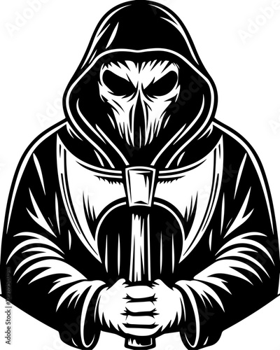 Dark fantasy SVG vector features demons mythical creatures cursed warriors. Dark Mysterious Figure with Hooded Cloak and Scythe Iconic Design