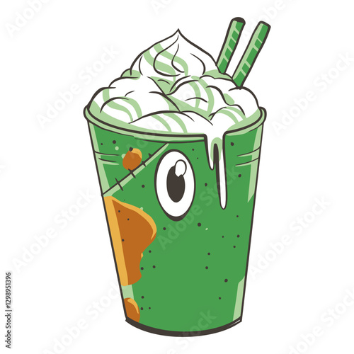 Whimsical Beverage Monster: A cheerful monster-themed beverage, with a vibrant green cup filled with a creamy, frothy concoction and straw