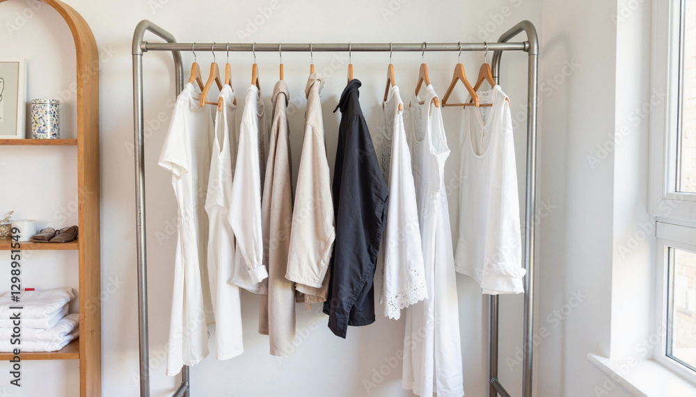 Minimalist clothing rack with neutral-toned shirts in bright room, clothing swap event, recycled, natural wool, cotton, zero waste fashion, consignment shop, vintage, flea market, biodegradable fabric Minimalist clothing rack with neutral-toned shirts in bright room, clothing swap event, recycled, natural wool, cotton, zero waste fashion, consignment shop, vintage, flea market, biodegradable fabric