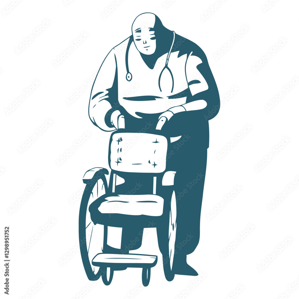 Healthcare Professional: A dedicated healthcare professional stands beside a wheelchair, embodying compassion, and readiness for duty. capturing empathy and service. Healthcare Professional: A dedicated healthcare professional stands beside a wheelchair, embodying compassion, and readiness for duty. capturing empathy and service.