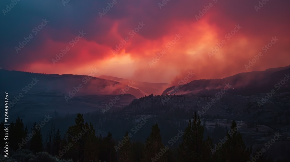 Fototapeta premium Smoke from a distant wildfire casting a reddish hue over the sky with