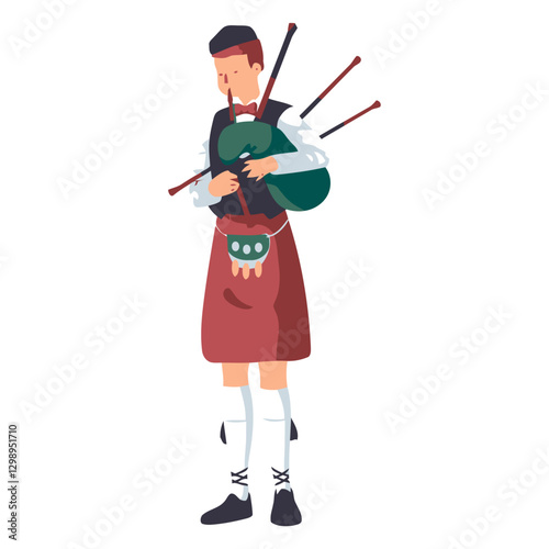 Bagpiper's Melody: An illustration of a bagpiper, dressed in traditional attire, serenading with the iconic instrument, captured with vector art.