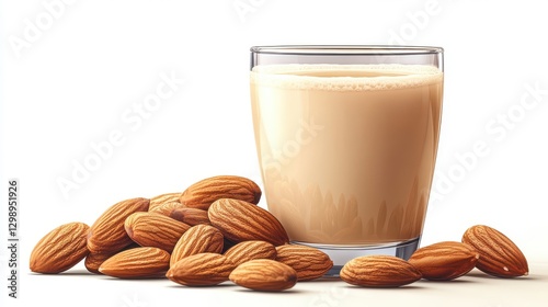 almond milk in glass and almond seeds isolated,cartoon