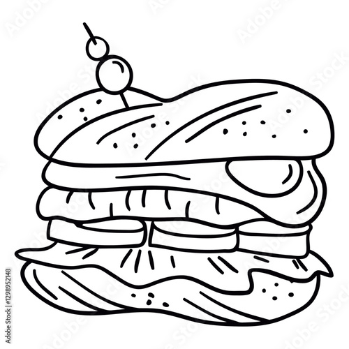 Sandwich Line Art: A mouthwatering sandwich illustration, featuring layers of fresh ingredients.