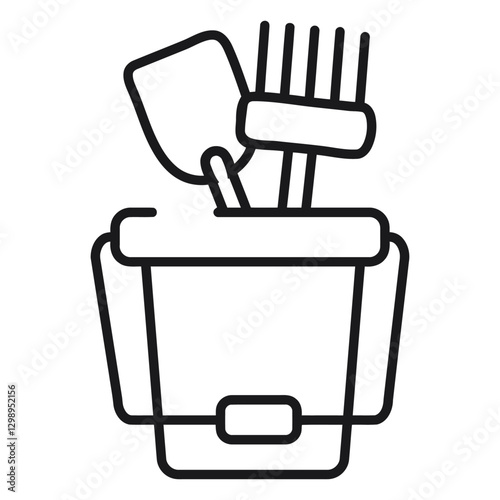 Cleaning Essentials: An outline illustration depicts a bucket filled with various cleaning tools, such as a brush, broom, and mop. It offers a clean, graphic.