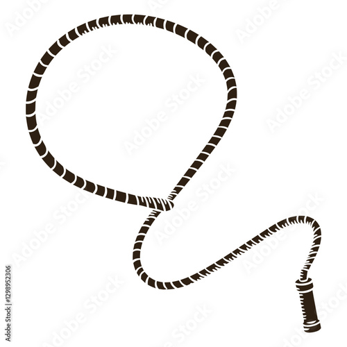 Whip in action:  An illustration of a whip, its coiled loop and handle displayed with a simple, yet striking design.