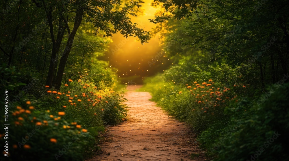 Fototapeta premium A serene pathway surrounded by vibrant greenery and flowers, illuminated by soft golden light.