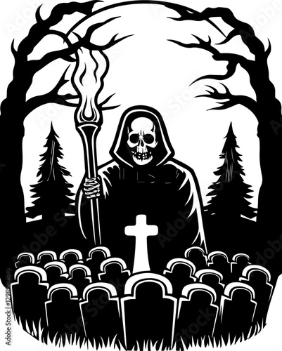 SVG vector features demons and mythical creatures. Grim Reaper Holding Torch Surrounded by Gravestones in Dark Forest