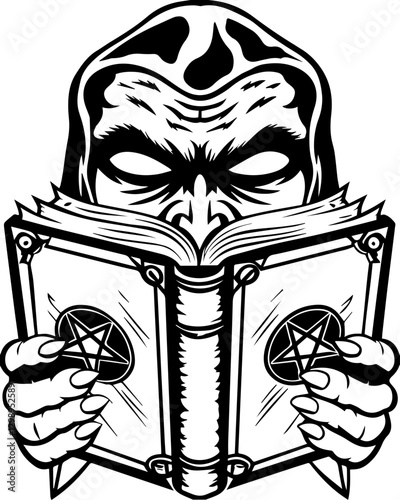SVG vector features demons and mythical creatures. Mysterious Figure Reading Occult Book with Intricate Designs