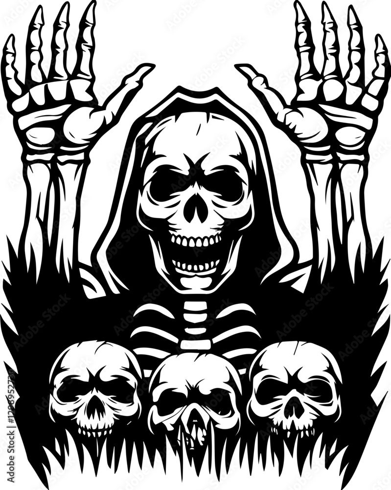 Fototapeta premium SVG vector features demons and mythical creatures. Creepy Grim Reaper with Skeletons Emerging from Dark Shadows