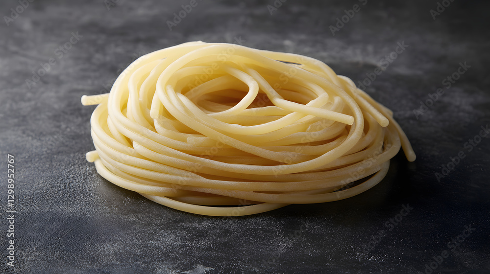 A bundle of spaghetti noodles laid loosely on a dark background, highlighting their smooth surface and natural elegance in a minimalistic arrangement. A bundle of spaghetti noodles laid loosely on a dark background, highlighting their smooth surface and natural elegance in a minimalistic arrangement.