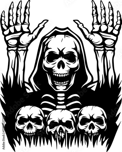 SVG vector features demons and mythical creatures. Creepy Grim Reaper with Skeletons Emerging from Dark Shadows