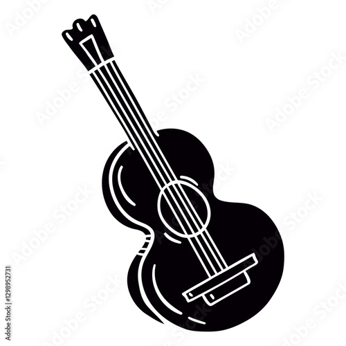 Musical Silhouette: A stylized black and white illustration of a guitar, capturing the instrument's classic form and string arrangement. 