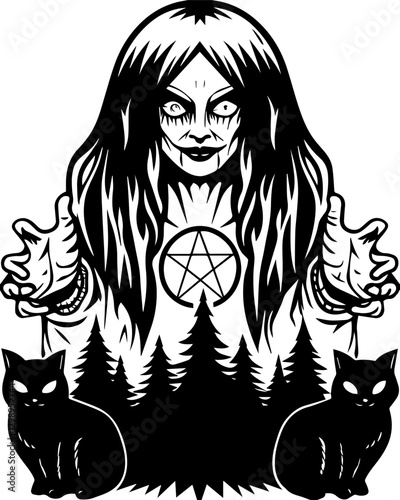 SVG vector features demons and mythical creatures. Witch with Long Hair Holding Cats and Forest Scene in Black and White