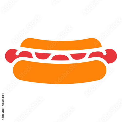 Hot Dog Icon: A vibrant, flat-design icon of a classic hot dog, featuring a perfectly grilled sausage nestled in a soft bun, complete with a smear of ketchup or mustard.