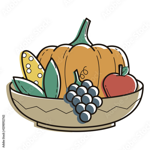 Harvest Bounty Bowl: A vibrant illustration of a harvest bowl overflowing with seasonal produce, symbolizing abundance, nourishment, and the spirit of autumn.