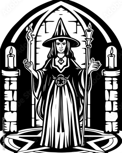 SVG vector features demons and mythical creatures. Enchanting Sorceress in Gothic Setting with Candles and Magic Staff