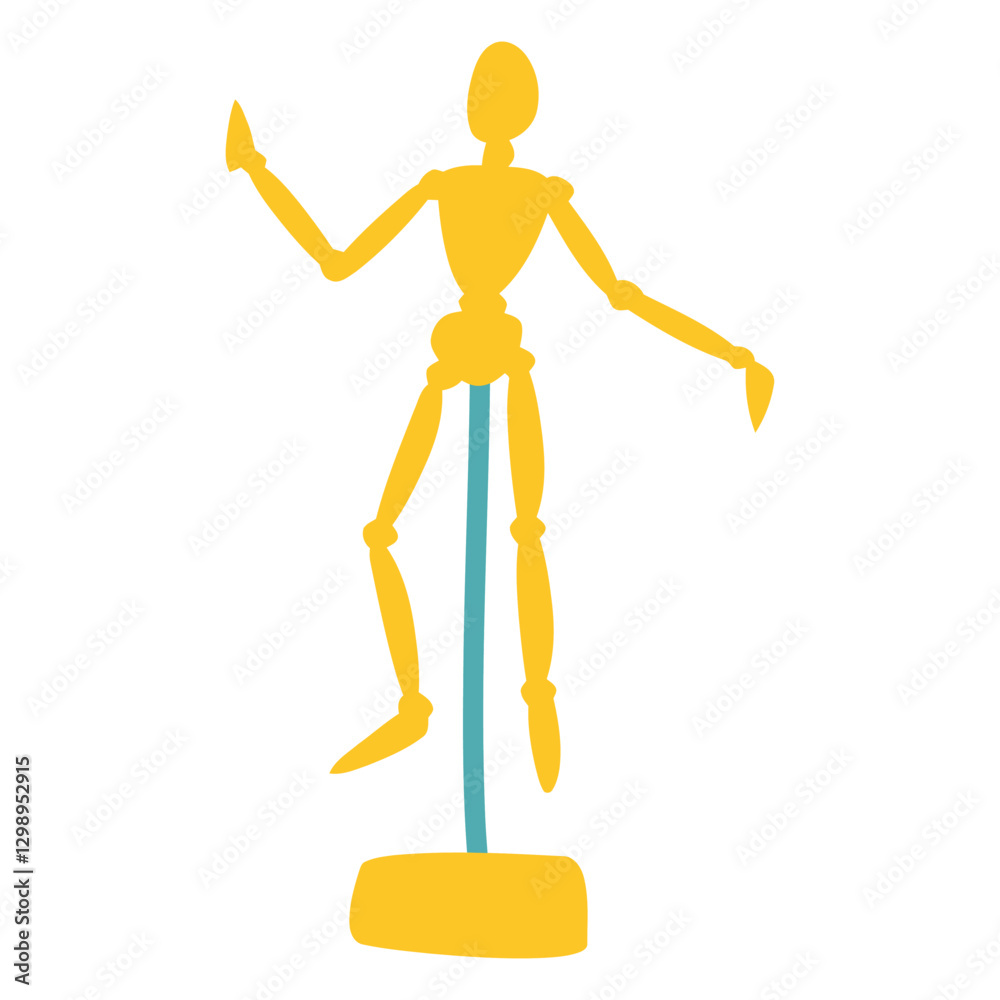 Artistic Figure: A stylized, jointed figure stands in a pose on a stand, perfect for artists to use for reference, conveying a sense of creativity and craftsmanship. Artistic Figure: A stylized, jointed figure stands in a pose on a stand, perfect for artists to use for reference, conveying a sense of creativity and craftsmanship.