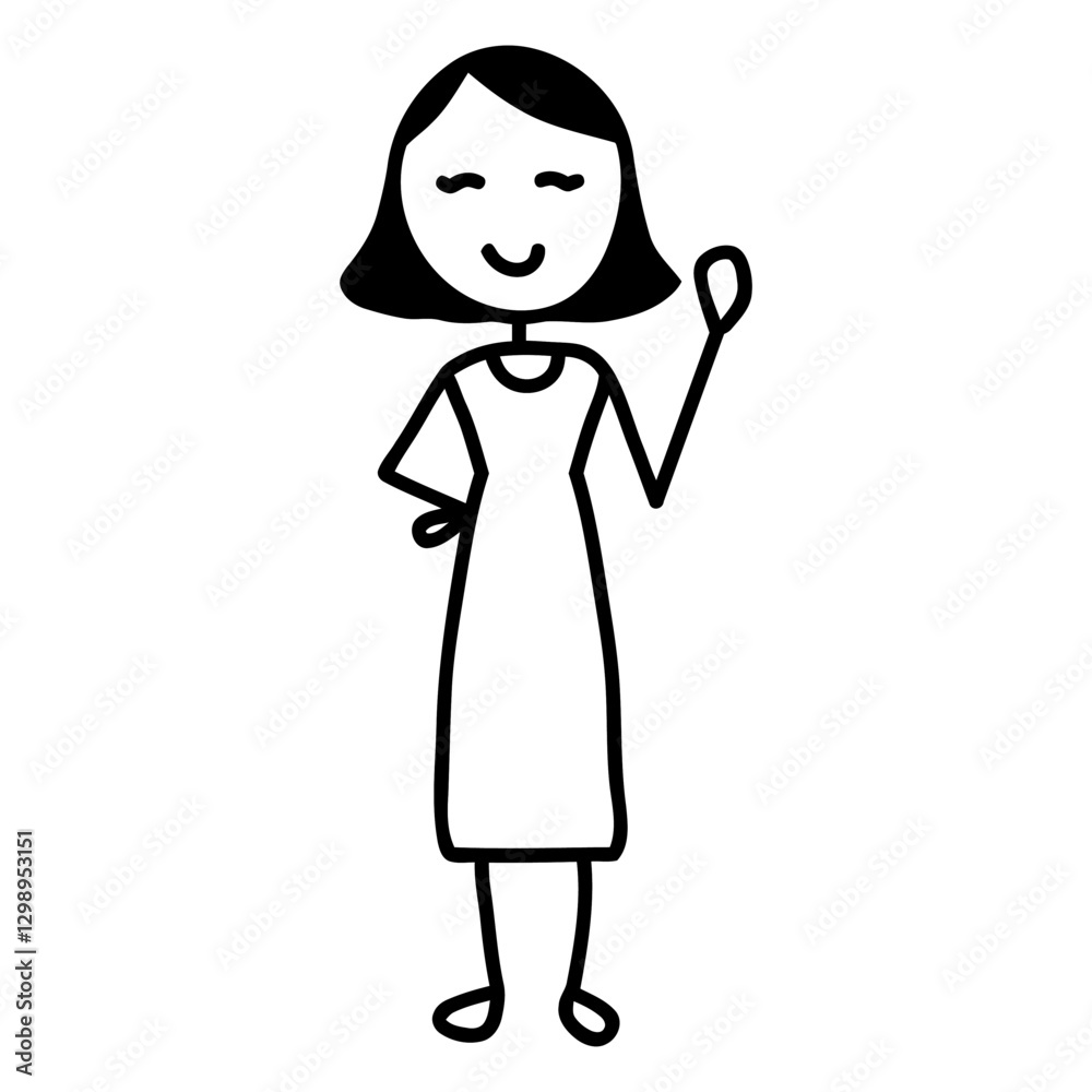 Stick Figure Woman: Simple illustration of a woman with a short haircut. She appears happy and is waving. Stick Figure Woman: Simple illustration of a woman with a short haircut. She appears happy and is waving.