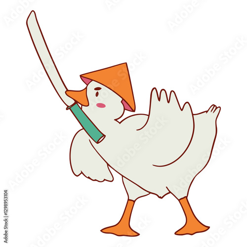Duck's Fierce Stance: An animated duck, clad in an Asian hat and wielding a bamboo sword, strikes a combative pose. Capturing a whimsical fusion of nature and martial artistry.