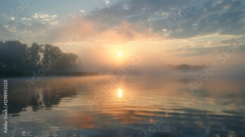 Smoky haze drifting across a calm lake at sunrise with